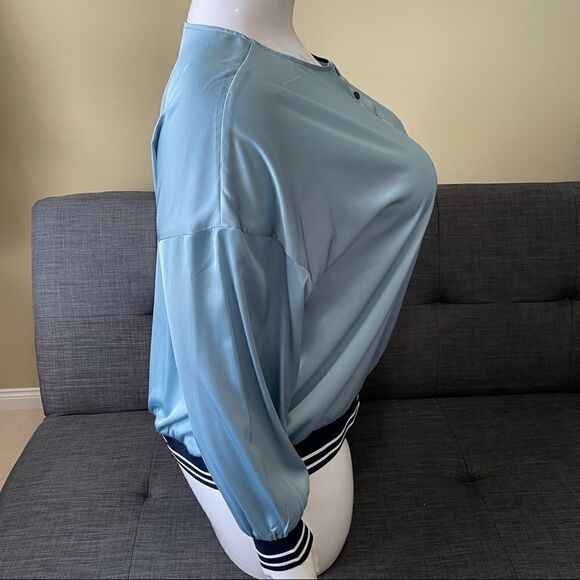 Blue Long Sleeve Varsity Hem Sateen Blouse - Picture 4 of 7